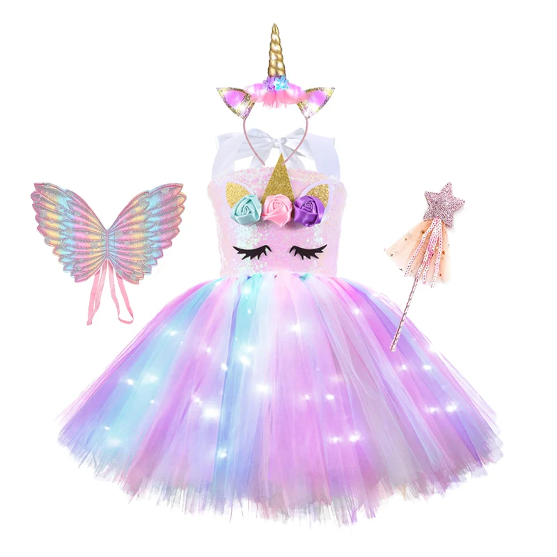 Girls Rainbow Unicorn Light Up Tutu Dresses for Kids Birthday Party Sequins Glowing Knee Length Dress Halloween Animal Costumes