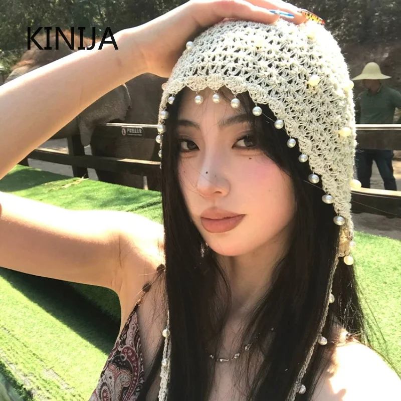 Hollow Out Pearl Tassel Pendant Headband Hat for Women Summer Ethnic Style Knitted Pullover Hat Retro Beanies Cap Baotou Hat