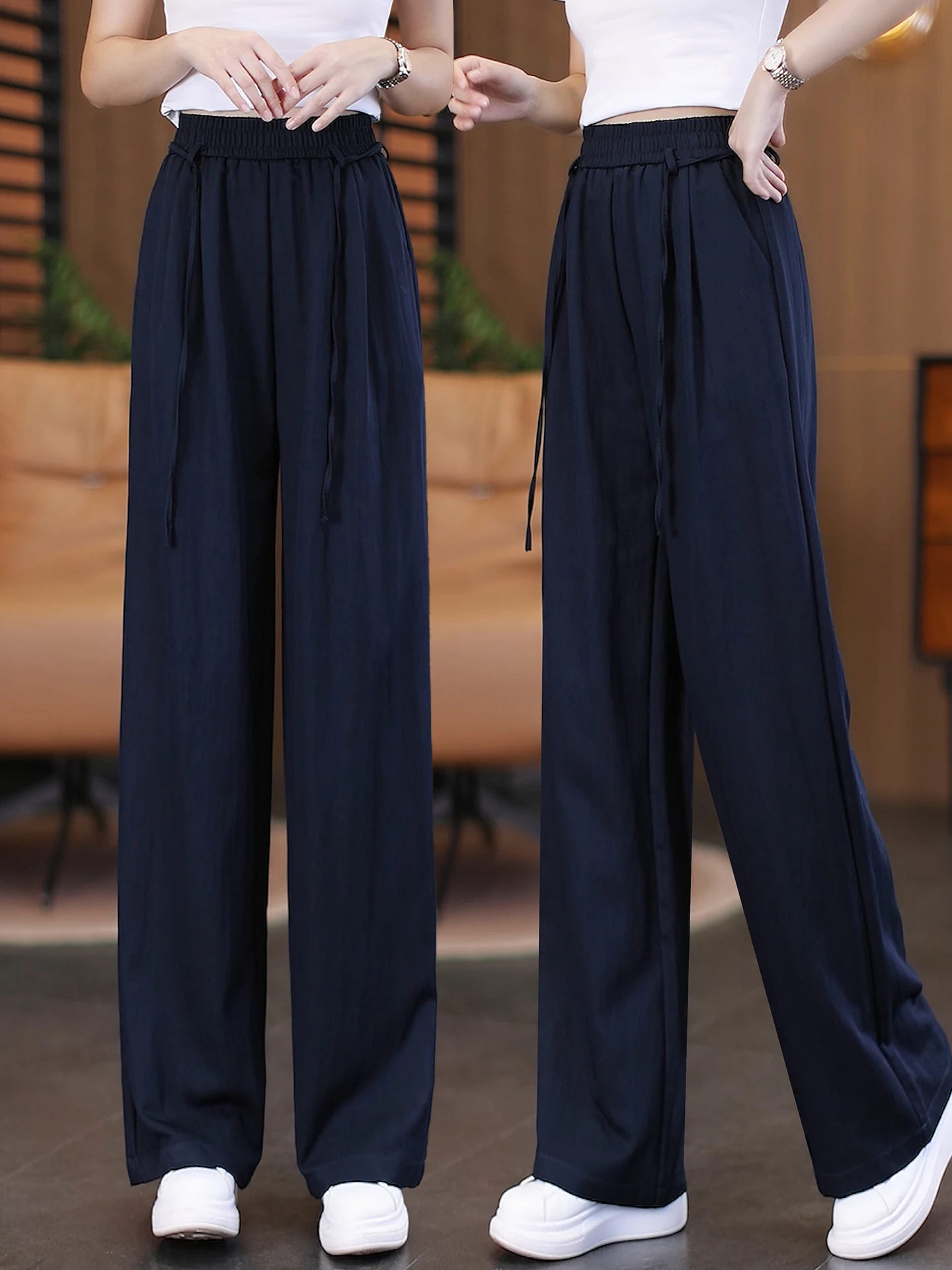 Ice Silk Wide Leg Pants Women's Summer Thin New Small Size High Waist Loose Drape Casual Straight Leg Pants 