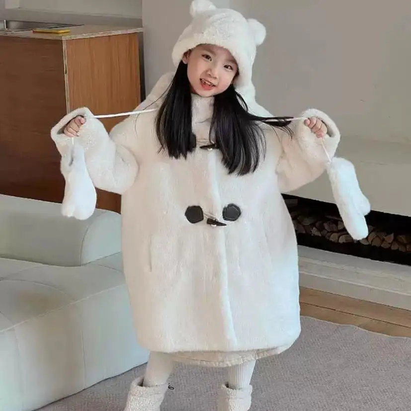 

Winter New Girls Faux Fur Jacket Children's Imitation Fur Hooded Thickening Warm Overcoat Coat A4252