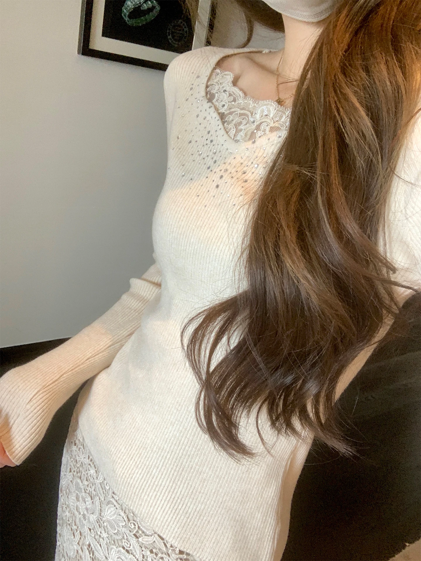 

Весенний новый кружевной вязаный свитер с длинными рукавами и ромбовидным узором, женская трикотажная одежда средней плотности, стандартной длины, с круглым вырезом