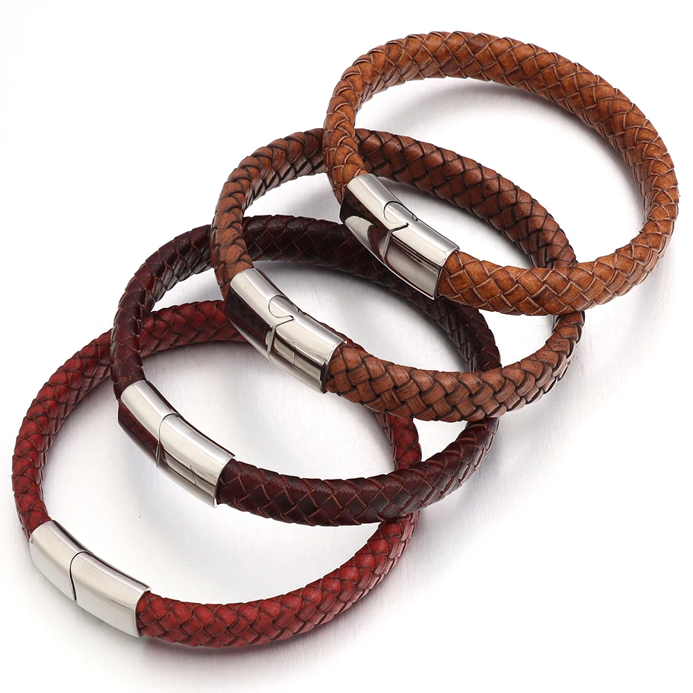 1pc 20g 18.5/20.5/22cm Wine Red Leather Rope Stainless Steel Magnetic Buckle Vintage Leather Bracelet For Men Women Jewelry Gift