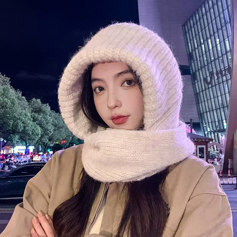 

Solid Color Wool Hat Scarf Women Fashion Casual Knit Hooded Scarf Autumn Winter Warm Retro Scarf With Cap