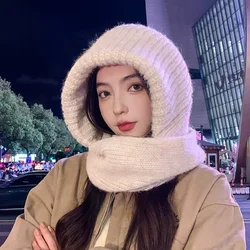 Solid Color Wool Hat Scarf Women Fashion Casual Knit Hooded Scarf Autumn Winter Warm Retro Scarf With Cap