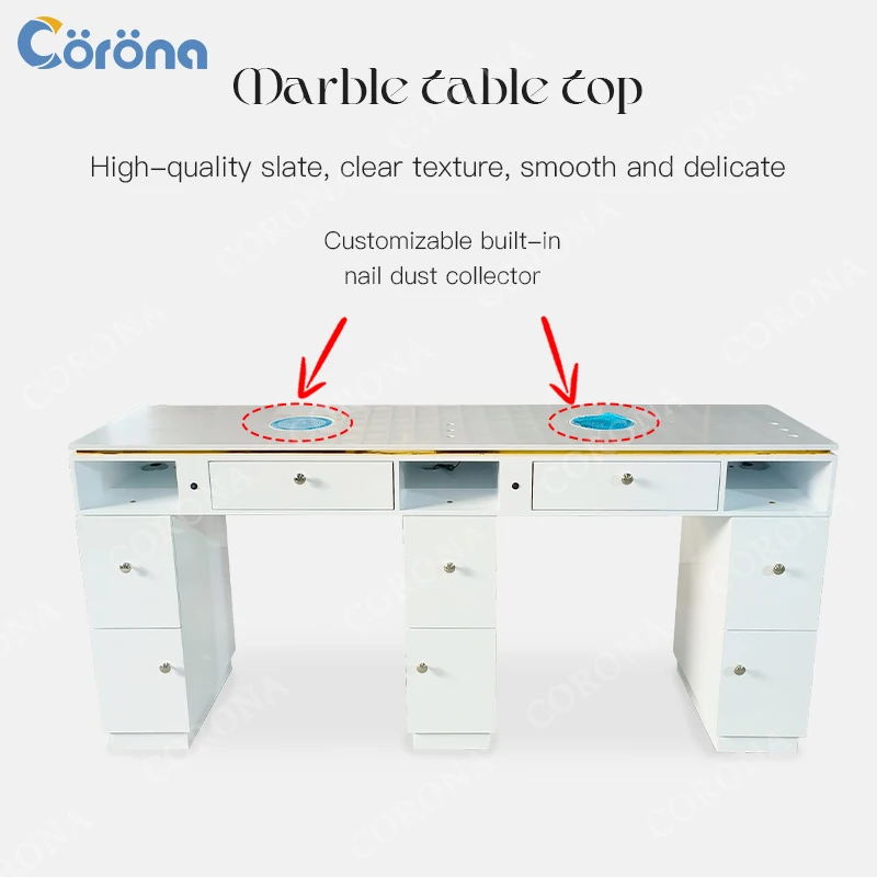 Modern Salon Manicure Furniture Marble Nail Desk Tables With Ambient Light