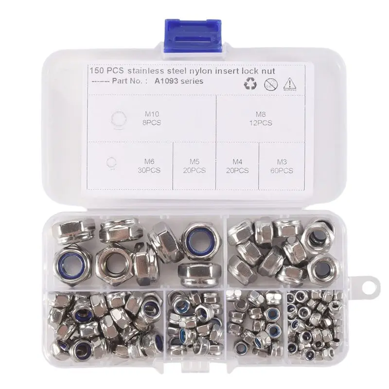 A84X-150Pcs 304 Stainless Steel Lock Nut Assortment Kit For Hardware Accessories Nylon Insert Hex Lock Nuts Self Locking Nut M3