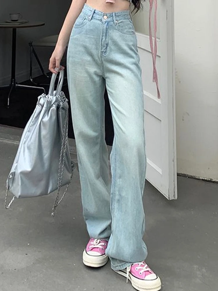 Ins 2024 Girls High Waist Summer Thin Straight Leg Jeans Female Light Blue Trashy Y2k 2000s Contrast Color Denim Wide Leg Pants