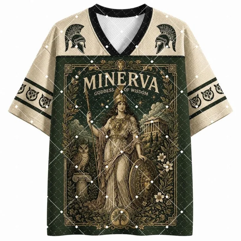 Minerva Goddess of Wisdom Print V‑Neck T‑Shirt Ancient Greek Mythology Owl Short Sleeve Loose Vintage Streetwear Sport Tee