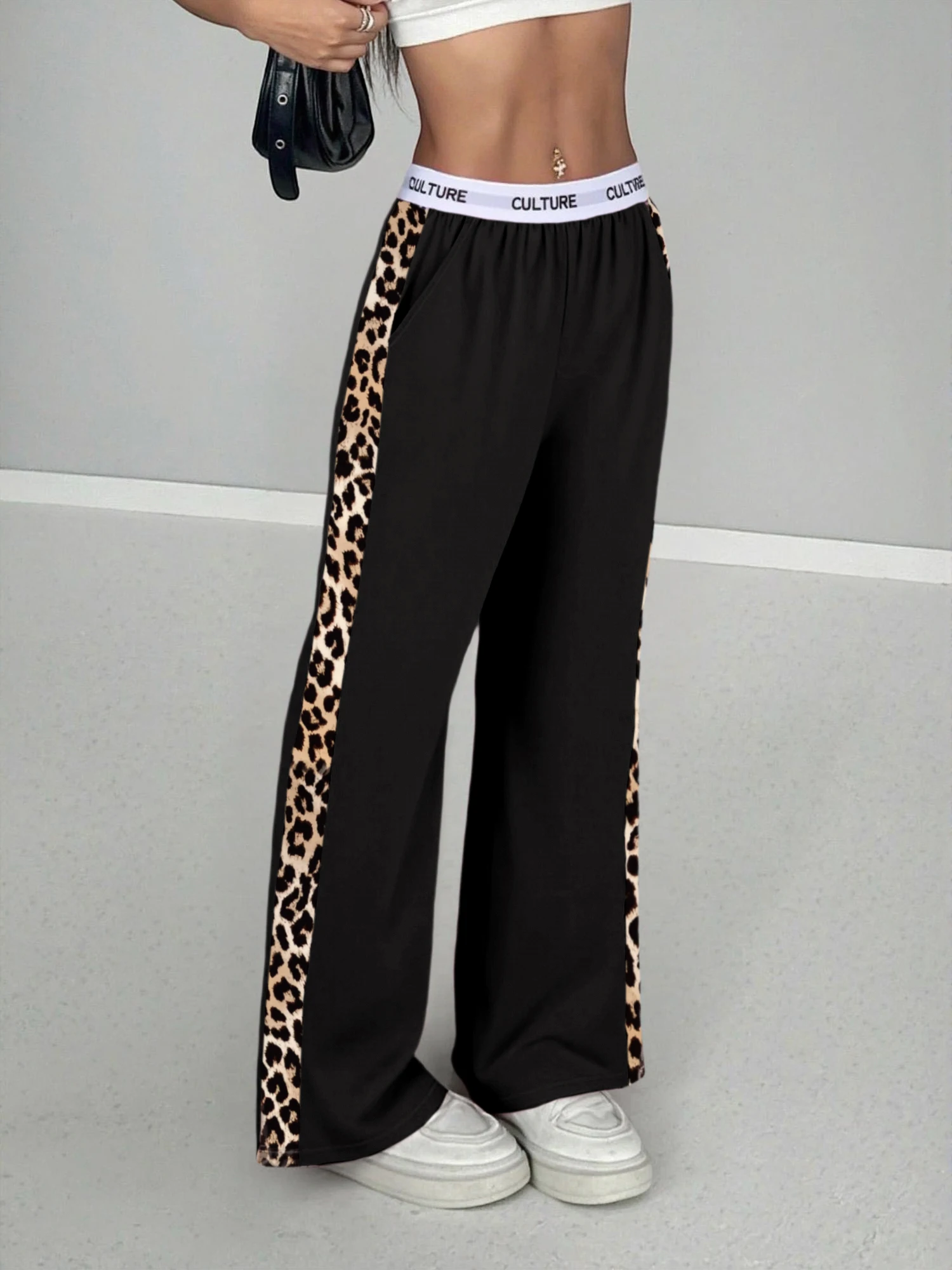2026 Neu Heißer Verkauf Damen Leopardenmuster Seitenstreifen Weite Hose Lässige High-Waist Hose mit Schriftzug-Bund Lockerer Streetwear-Stil – Detail 3