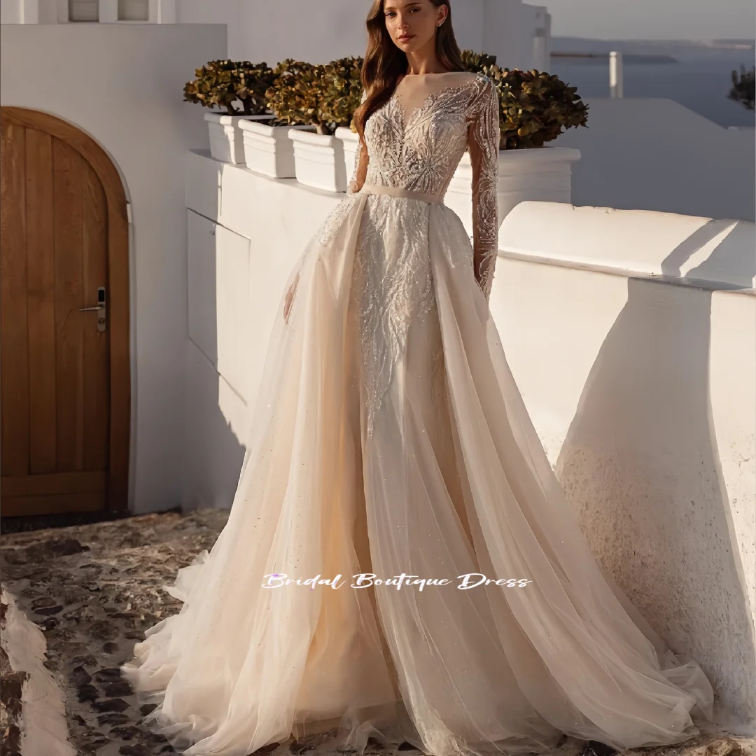 

Customized Exquisite Beading Pearls Sexy Champagne Mermaid Wedding Dress Tulle Bridal Gown Detachable Skirt Vestido De Noiva