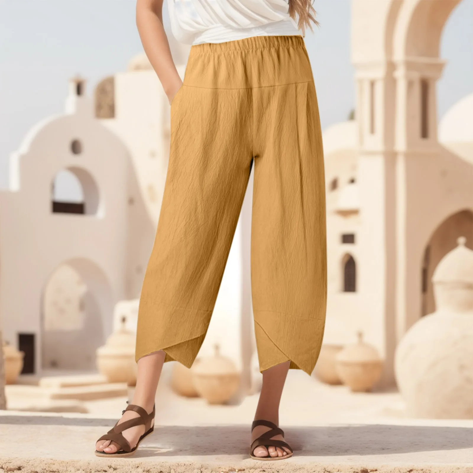 

2023 Women Cotton Linen Harem Pants Summer Casual Loose High Waist Pocket Trousers Female Vintage Ankle-Length Wide Leg Trousers