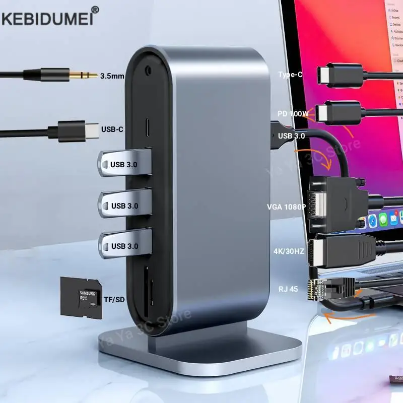 

12 in 1 Hub Type-C Docking Station 4K@30Hz HDMI-Compatible Adapter USB3.0 PD 100W RJ45 SD TF USB Splitter for Macbook Laptop PC