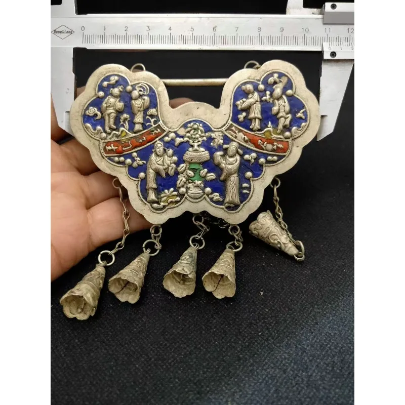 Old Tibetan Silver Boy in Spring, Children's Lock Scene, Blue, Handmade, Beautiful Color, Gift for Friends