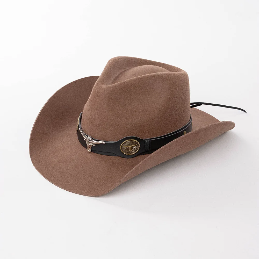 

Модная повседневная металлическая воловья кожа с широкими полями, шерстяная ковбойская шляпа, уличная теплая фетровая шляпа