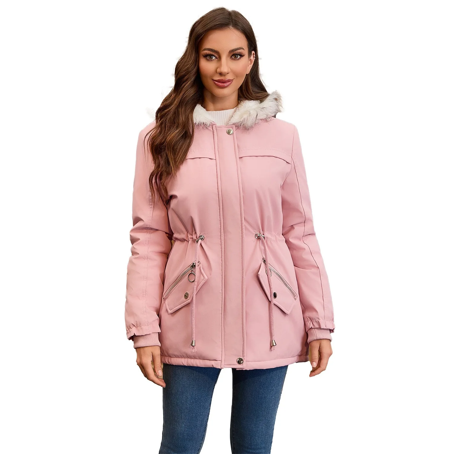 

Fleece-lined Winter Women Padded Jacket Solid Single Breasted Drawstring Fur Collar Coat For Lady Thickened Thermal female Coat
