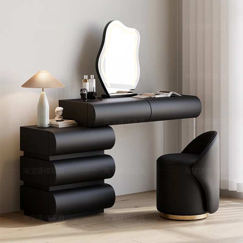 

Retro Light Mirror Vanity Desk Big Storage Luxury Black Cabinet Vanity Desk Makeup Drawers Set Coiffeuse Furniture For Home