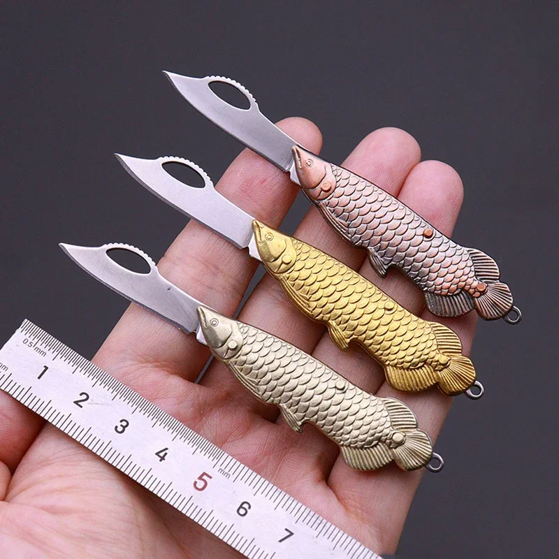 Brass Golden Dragon Fish Shaped Handle Mini Folding Blade Mini Knife Sharp Portable Outdoor Camping Knife Open Express Keychain