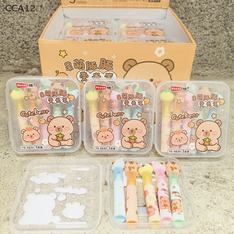 5Pcs/Set Cute Silicone Capybara Highlighter Pen Set Cartoon Art Fluorescent Markers Pens School Stationery Kids Gift