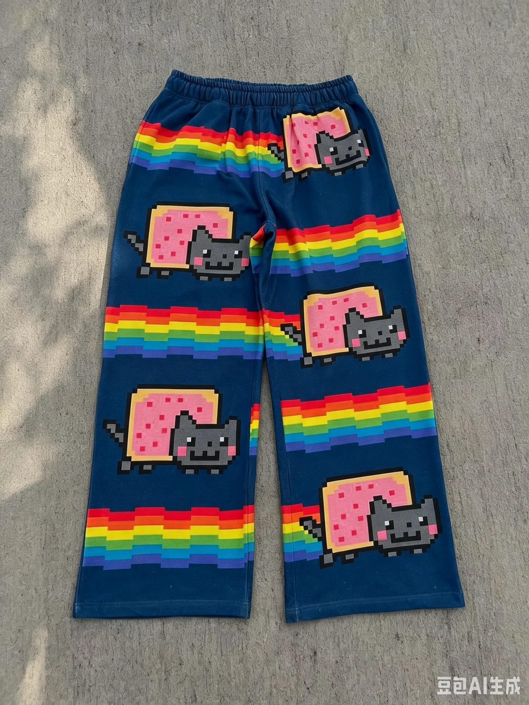 Regenbogen-gestreifte Pixel-Katze, süßer, mädchenhafter, süßer und cooler Subkultur-Harajuku-Stil, Cartoon-Loose-Fit-Hose – Detail 8