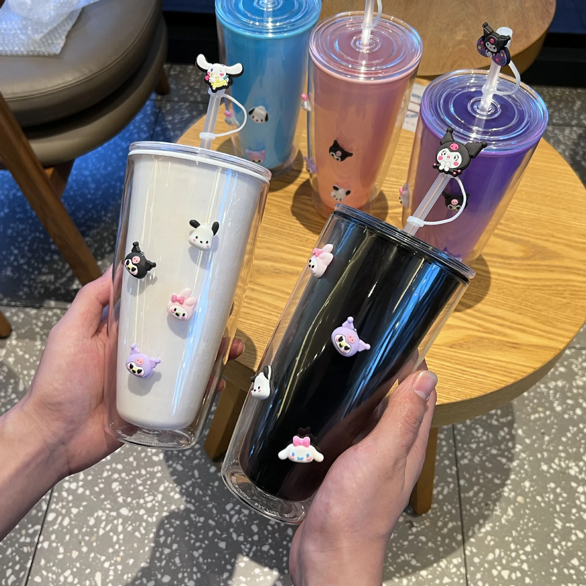 New Sanrio Hello Kitty Cinnamoroll Kuromi Water Cup Solid Color Double-Layer Plastic Cup Portable Sport Mug Straw Water Cup Gift