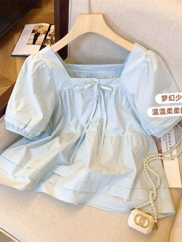 ブルー半袖ルーズシャツ-レディース-サマースタイル-スクエアカラー-ドールトップ-ポケットスクエア付き-ビジネススタイル-カジュアルシャツ