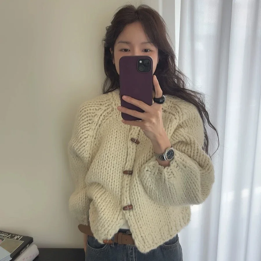 

Warm Thi ort Pure Color Handmade Knitted Sweater Coat Korean Sle Loose Fit Long Sve round Ne Button up Cardigan