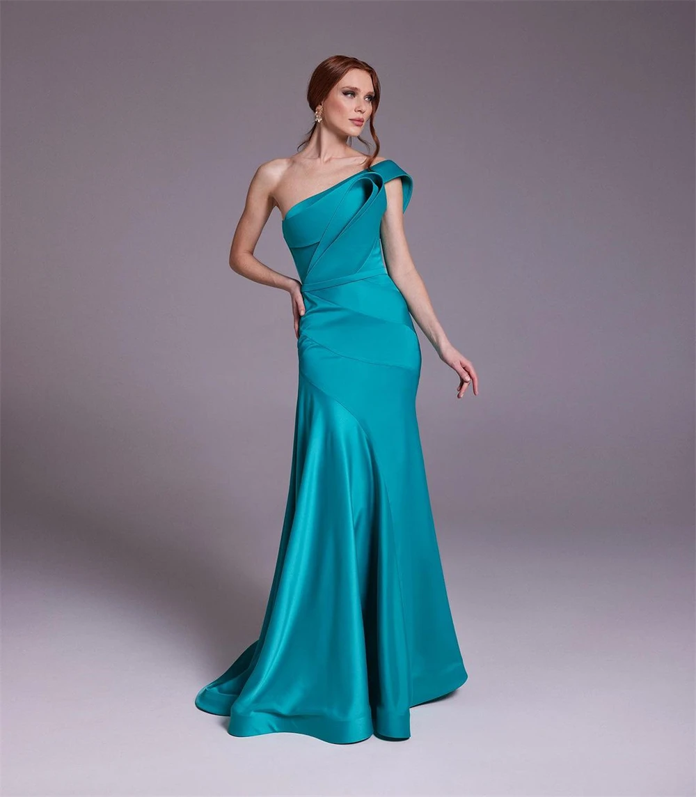  High Quality One-shoulder Sheath Cocktail  Fold Draped Satin Occasion Evening Gown  vestidos de fiesta para mujer