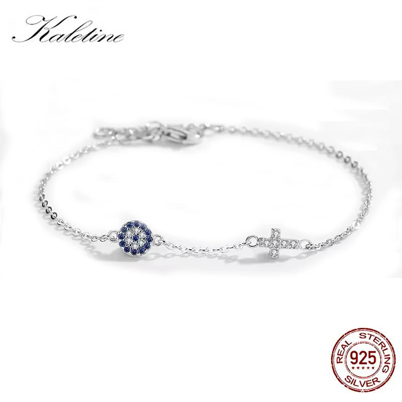 Kaletine Charm Blue Evil Eye Cross Bransoletka 925 Sterling Silver Małe bransoletki dla kobiet Hamsa Good Luck CZ Biżuteria KLTB056