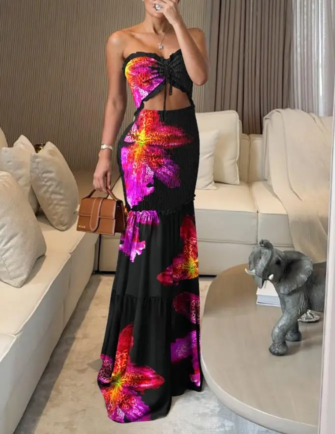 

Womens Dresses 2025 Summer New Fashion Tropical Print Bandeau Sleevless High Waist Hollow-Out Shirred Casual Maxi Dress