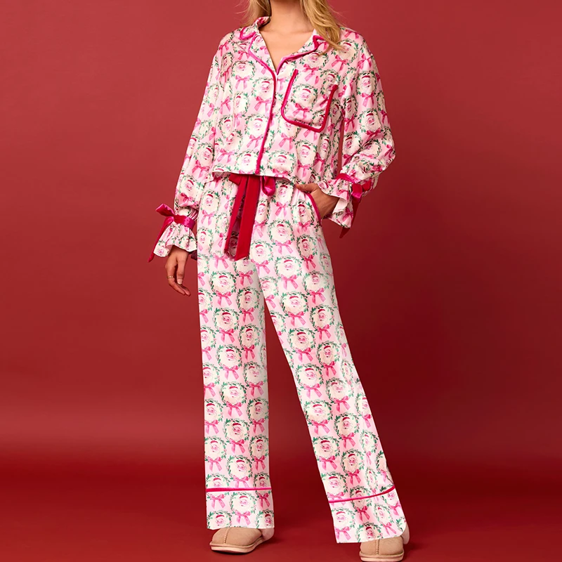 Christmas Bow Tie Front Pajamas for Women Cute Print Long Sleeve Shirts Pants 2 Pieces Xmas Satin Pjs Loungewear Sleepwear Sets