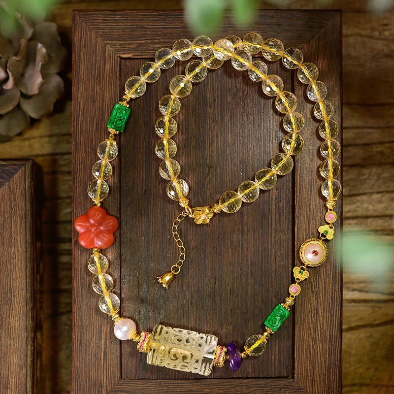 Faceted Citrine Necklace, Original Design Huiwen Bead & Lulutong Pendant, Versatile Crystal Choker & Sweater Chain Gift