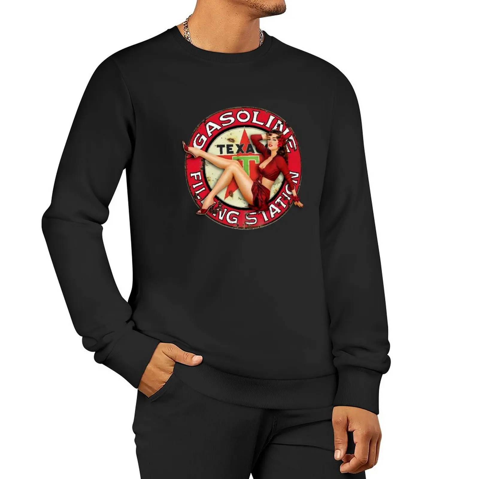 Vintage Texaco Gasoline Filling Station Sign - Pinup Girl Pullover Hoodie men's winter sweater oversize sweatshirt