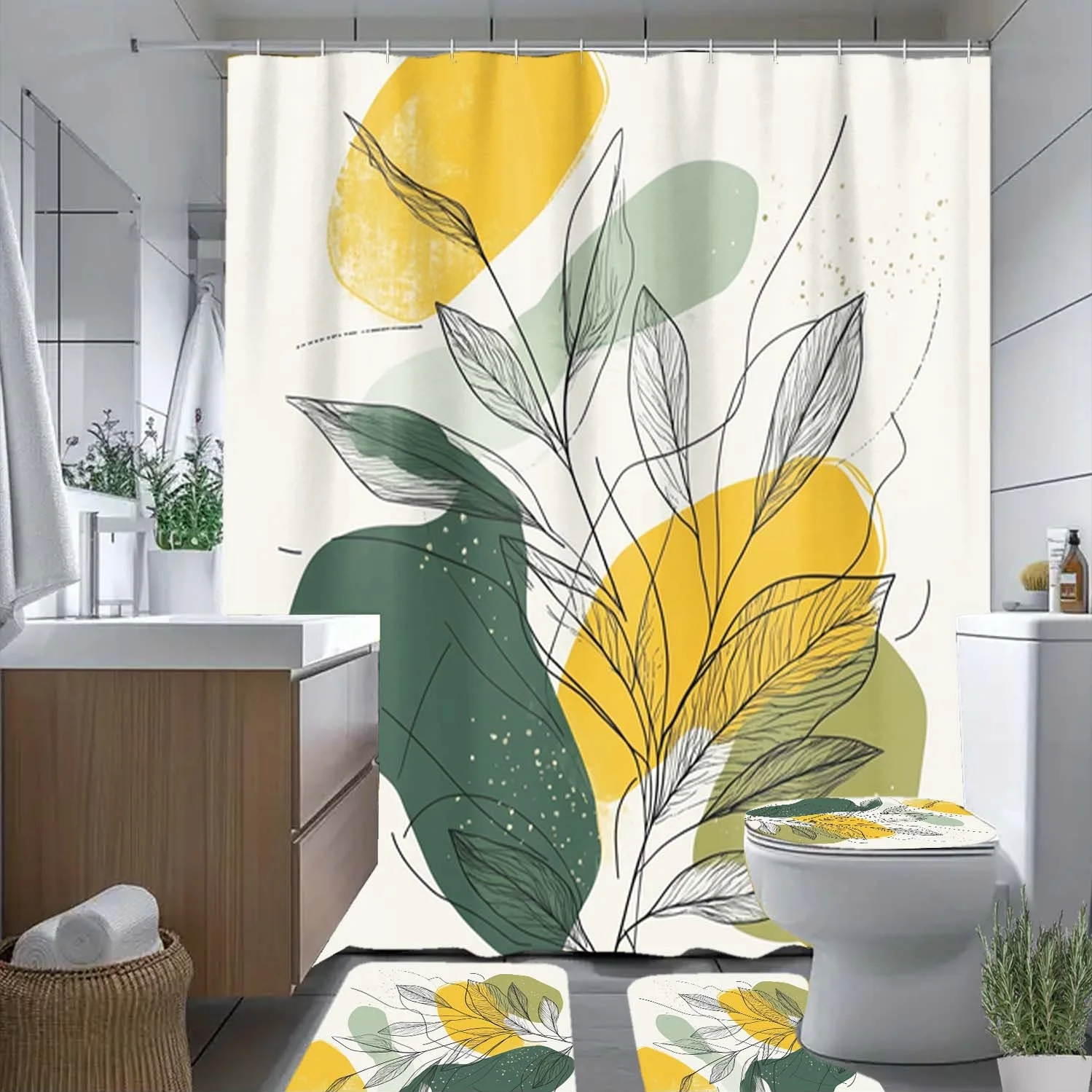 

4pcs Leaf, Abstract, Patterned Shower Curtain with Hook, Bathroom Partition Curtain, Bathroom Accessories, Home Decoration,