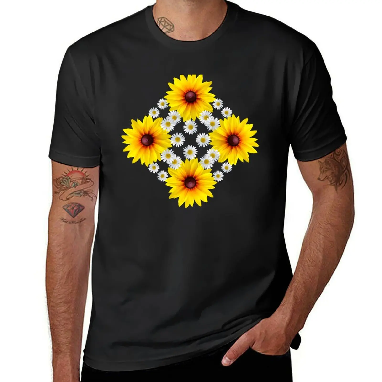 Sunflower flower and daisy daisy floral pattern T-Shirt hippie clothes blacks fitted t shirts for men