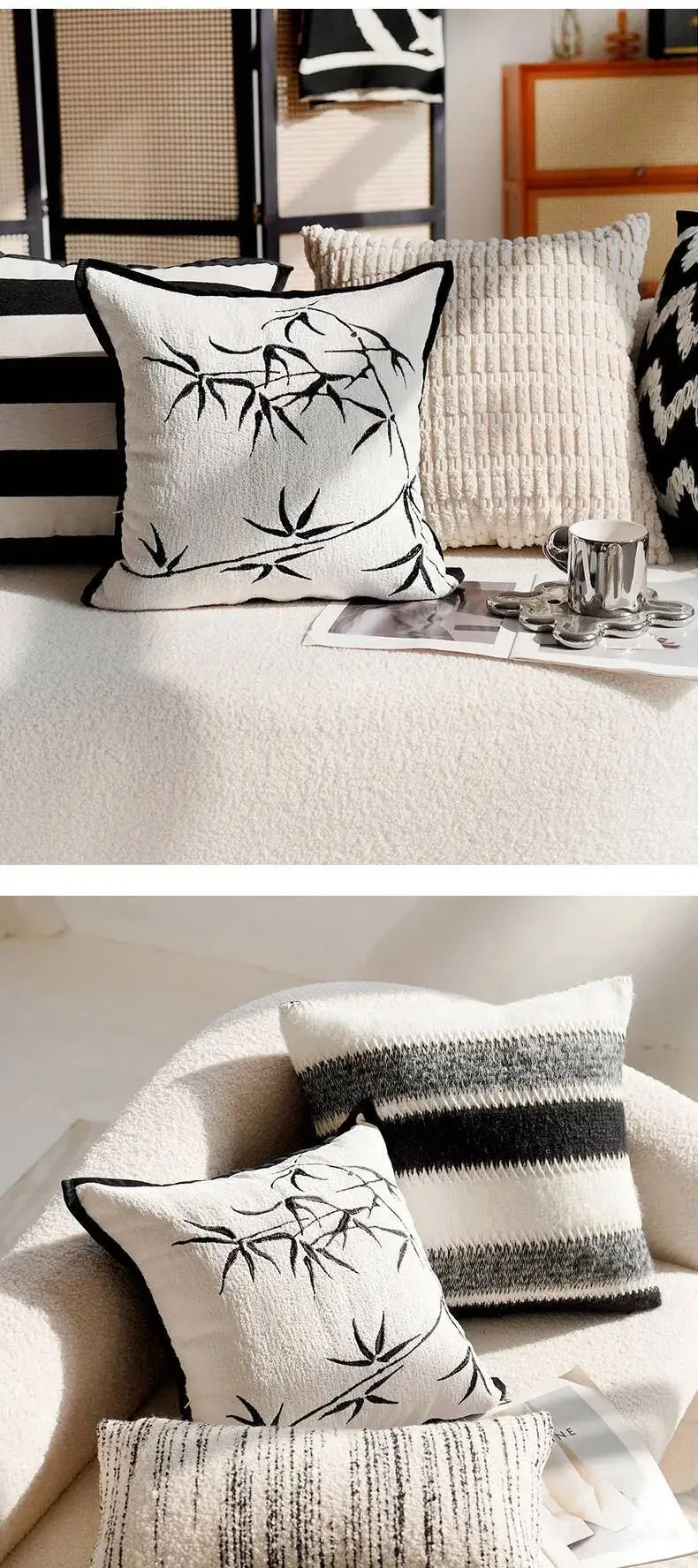 Schwarz-weiße luxuriöse Vintage-Kissenbezüge mit Stickerei, moderne Chenille-Kissenbezüge aus weichem Kunstfell, dekorative Kissenhüllen für Sofa- und Bettdekoration – Detail 11