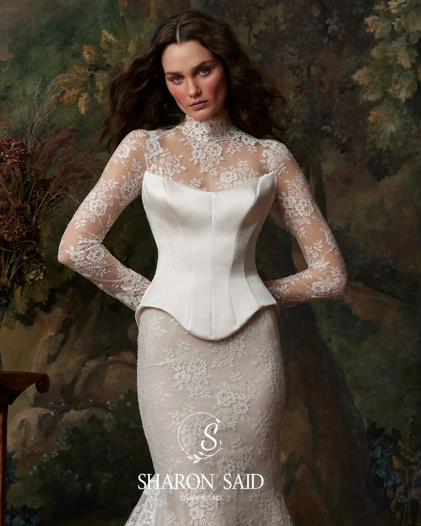 Sharon Said Corset col haut sirène dentelle blanc cassé robe de mariée 2025 Vintage manches longues Satin robes de mariée SW080 personnalisé