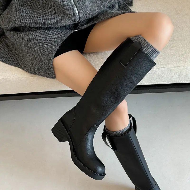 2024 INS Women Knee High Boots Genuine Leather High Boots Autumn Winter Warm Shoes Woman Snow Motorcycle Boots Ladies Shoes