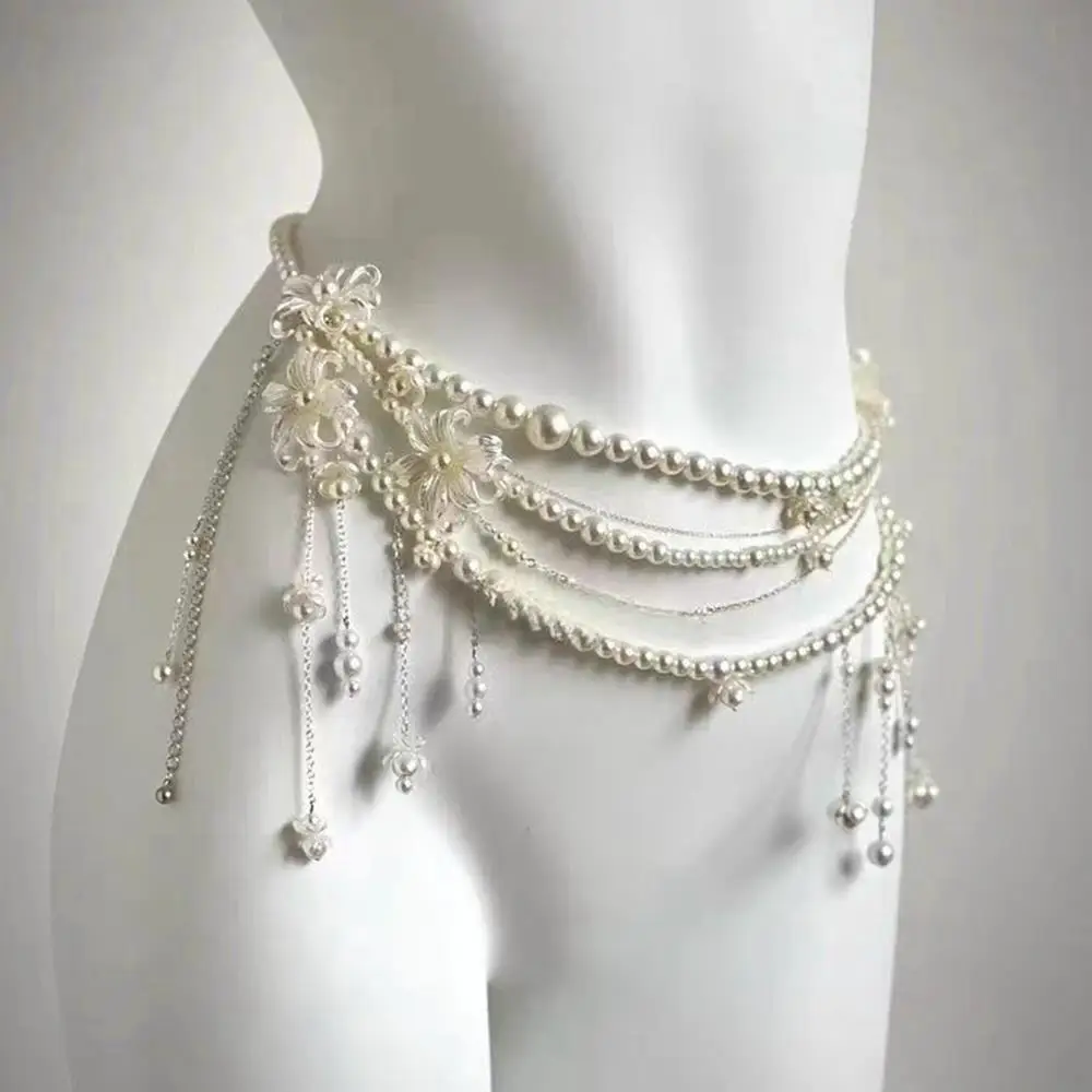 

Multi-layer Flower Waist Belt Pearl Beads Decorative Waistband Multilayer Imitation Pearl Waist Chain Tassel Belt DIY Decora