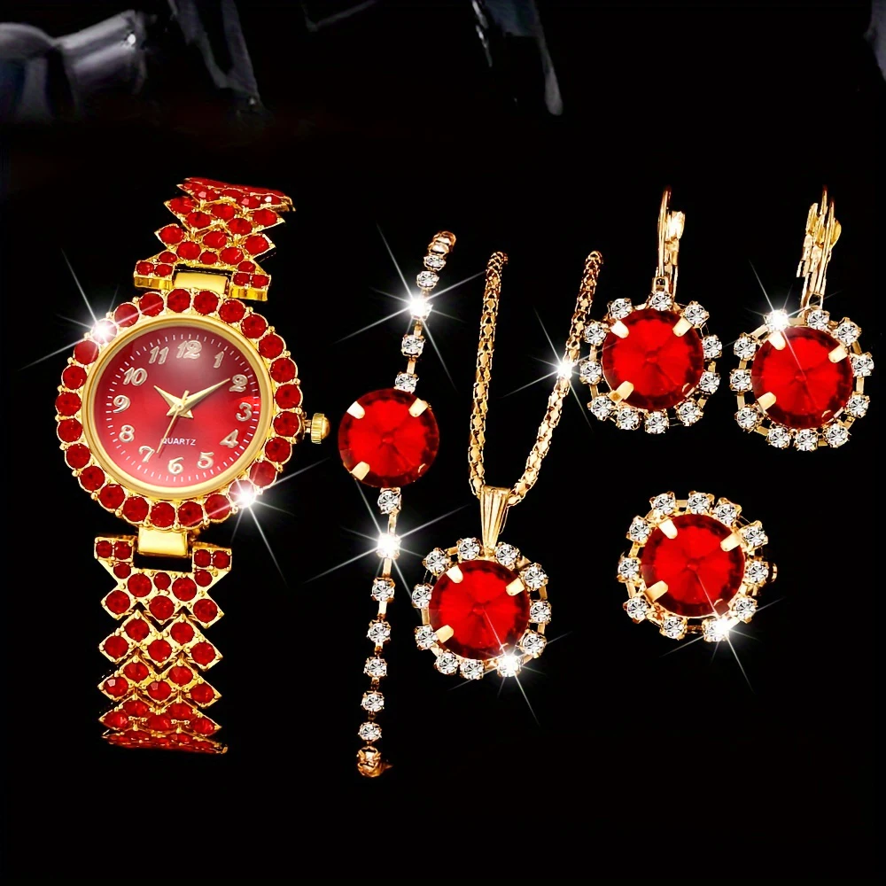 6PCS/Set Women's Red Alloy Watch Strap Fashionable Rhinestone Quartz Watch Necklace Earrings Jewelry Set