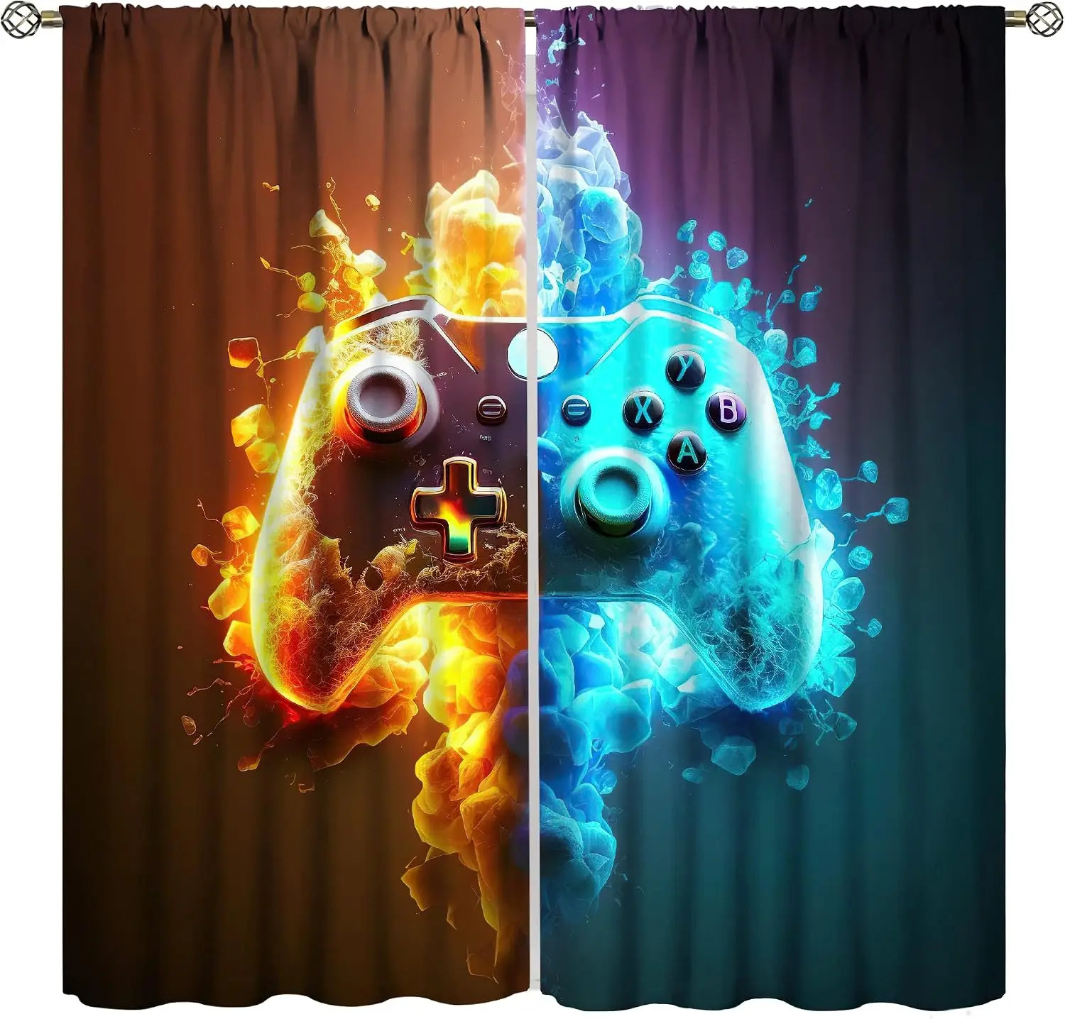 Cortina Temática de Videojuegos Ice Fire Split, 2 Paneles, Degradado de Dos Tonos, Estampado de Control de Videojuegos, Cortina de Ventana, Moderna, Informal, para Habitación de Adolescentes Gamers