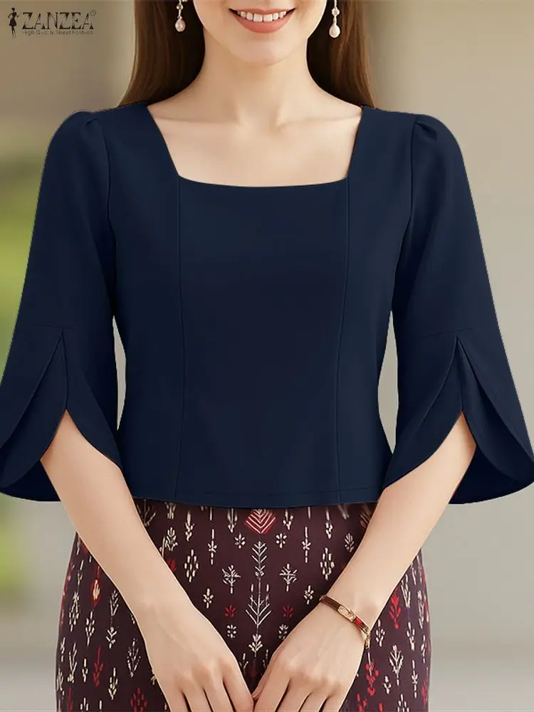 

2025 ZANZEA Elegant Square Neck Office Blouses Women Stylish Solid Slim Fit Tunic Tops Summer 3/4 Sleeve Work Shirt Mujer Femme