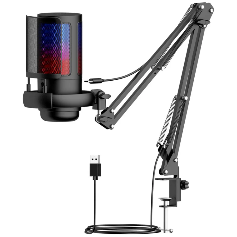 

RGB Light USB Microphone with Arm Stand Condenser Articulated Condenser RGB Mic with Boom Arm Noise Reduction Metal