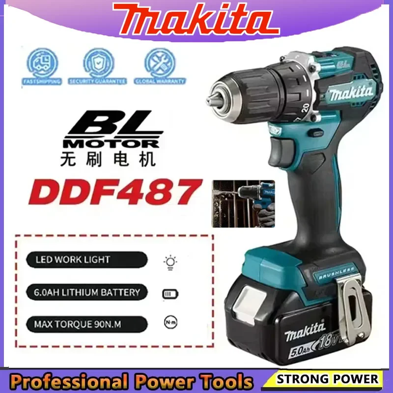 ماكيتا DDF487 مثقاب كهربائي قابل لإعادة الشحن من الليثيوم بدون فرشاة مفك عزم دوران كبير لبطارية 18 فولت