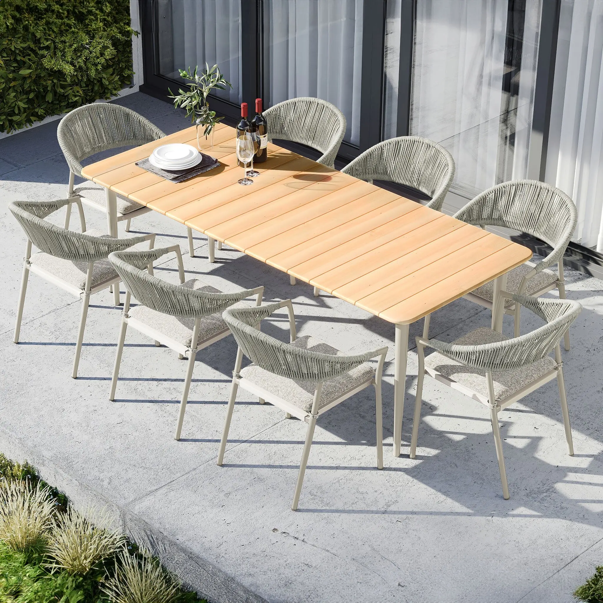 Morden Restaurant Outdoor Dining Sets Garden Furniture Patio Teak Wood Table With Hydrophobic Rope Weave Chairs