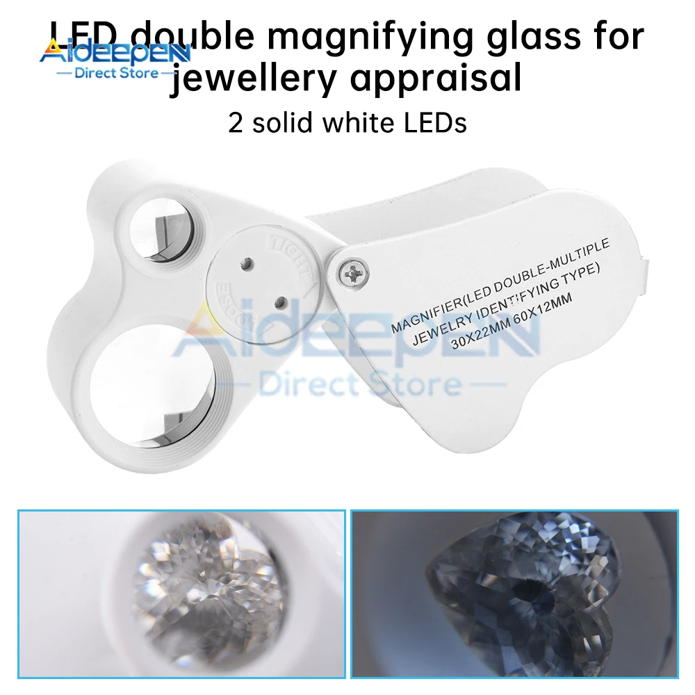 30/60X Magnifying Glass Jewelers Loupe Pocket Folding Magnifier With Light For Watch Coins Stamps Gems Jewelry Diamond