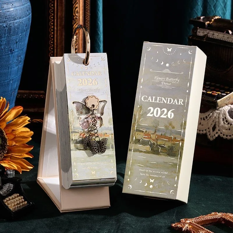 2026 レトロエレガントカレンダーゴールデンバックルデザイン油絵一方向フリップカレンダーオフィスデスク装飾学用品
