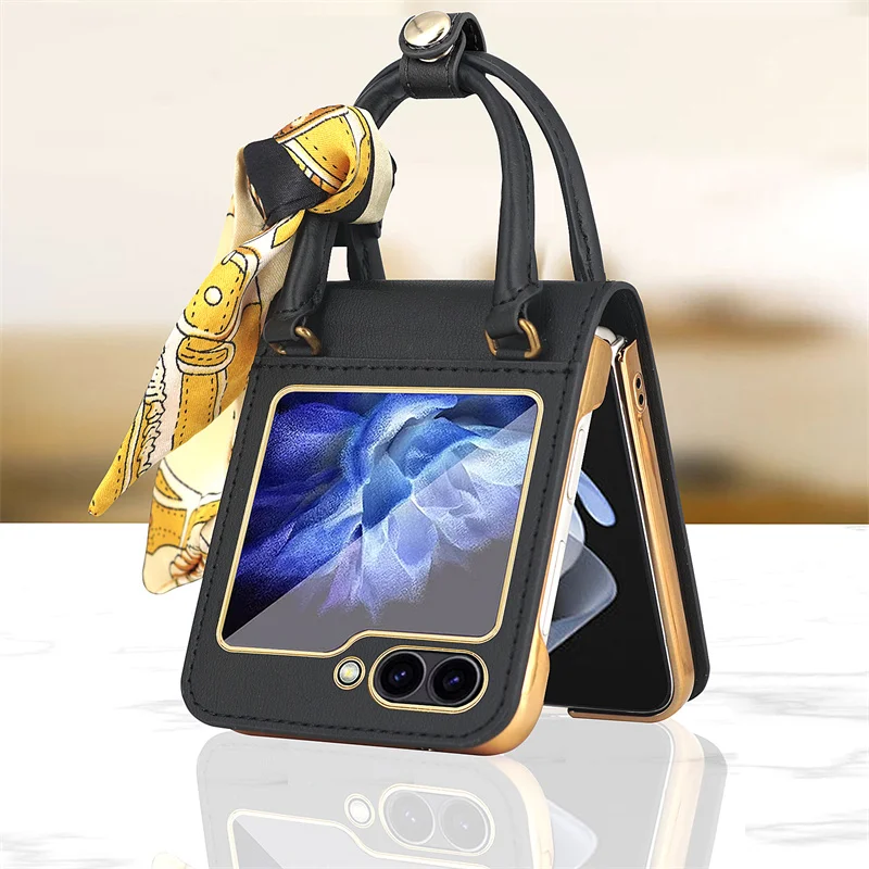 Luxury Silk Scarf Screen Protection Film Case For Samsung Galaxy Z Flip 6 5 4 3 5G Hand Strap Leather Portable Protection Cover