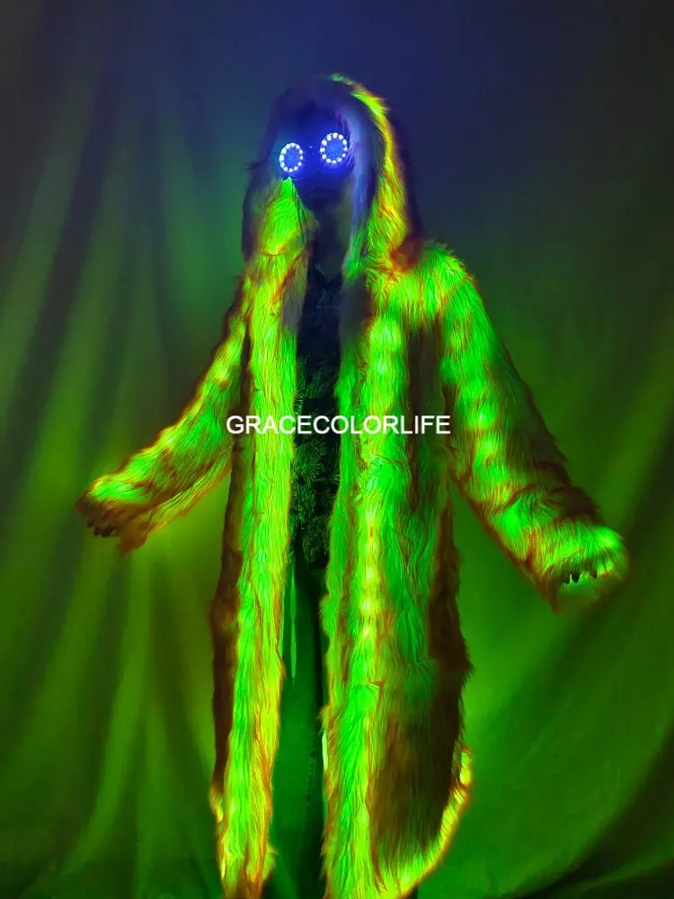 Women's Light Up LED Faux Fur Coat Rave Party Costume Club Performance Jacket Plus Size