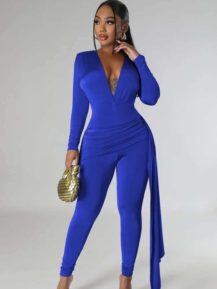 

Solid Ruched Ribbon Bodycon Jumpsuit Women 2024 Long Sleeve V-neck Patchwork Stretchy Pencil Pants Rompers Party Club Overalls