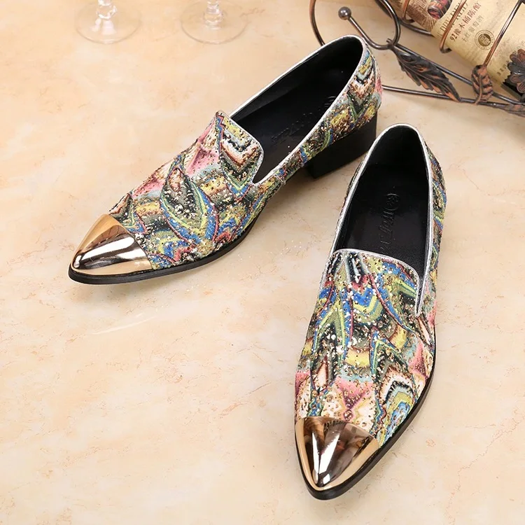 

Mixed Color Graffiti Prints Loafers for Men Male Wedding Dress Shoes Metal Pointed Toe Shallow Slip-On Casual Derby Shoes